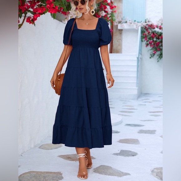 Tired Midi Dress with Short Sleeves and Smocked - Picture 1 of 4